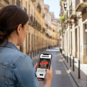 A woman stands on a narrow street in Groningen, playing the Sherlock city game on her smartphone.