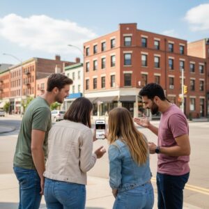 A group of four young friends stand on a city corner, looking together at a smartphone screen.