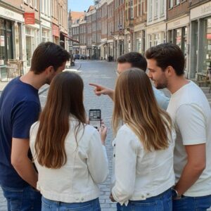 A group of five friends stand on a cobblestone street in Utrecht, looking at a smartphone for directions.