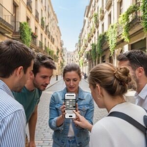 A group of five young friends stand on a cobblestone street in Ljubljana, looking at a smartphone together.