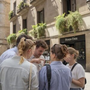A group of friends gathered on a narrow cobblestone street in Barcelona, looking together at a smartphone screen.