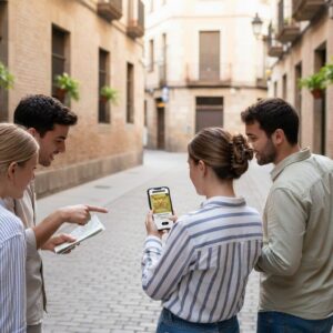 Four friends stand on a narrow cobblestone street in a European city, using a map and smartphone.