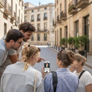 A group of five young friends stand on a narrow street in Athens looking at a smartphone.
