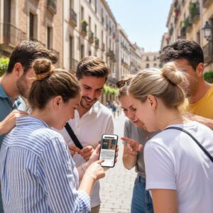 A group of five friends huddle together on a sunny street in Bremen, smiling at a smartphone.