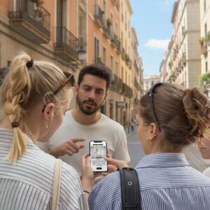 A group of young friends stand on a charming street in Charleroi, looking at a smartphone together.