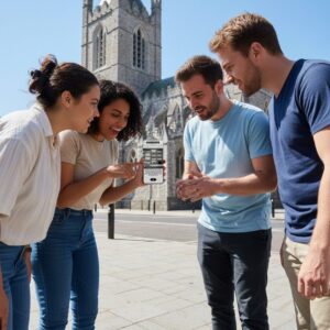 A group of four friends smile while looking at a smartphone, playing a game in Dublin with Christ Church Cathedral behind them.