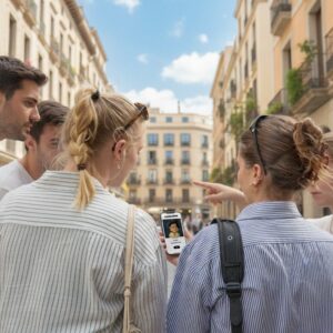 A group of young friends stand on a historic street in Ciudad Juarez, looking at a smartphone.