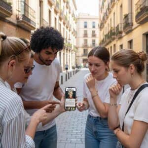 A group of four young friends stand on a city street in Colombo, focused on a smartphone.