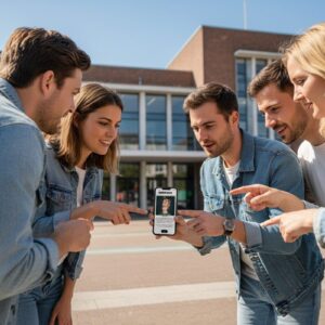 A group of five young friends dressed in denim jackets look excitedly at a smartphone in Copenhagen.