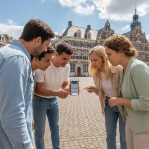 A group of young adults huddles around a smartphone in front of the historic Landshuis in Deventer.