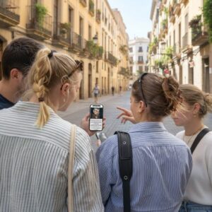A group of four young friends stand on a narrow street in Dubrovnik, looking at a smartphone.
