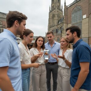 A group of six friends discusses a city game on a phone in front of the Eusebius Church in Arnhem.