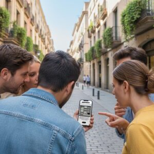 A group of young friends stand on a narrow street in Gouda, looking together at a smartphone.