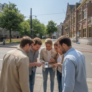 A group of five friends stands together on a city street in The Hague, looking at a smartphone.