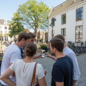 A group of young adults gathered around a smartphone while playing a city game in Hoorn.
