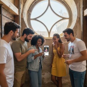 A group of five friends stands together, laughing while looking at a smartphone in Hoorn.
