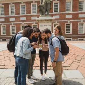 A group of five friends play a city game on a phone in front of Independence Hall in Philadelphia.