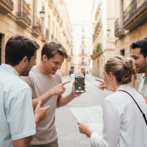 A group of four smiling friends look at a City Game map on a smartphone in a historic Jakarta alley.