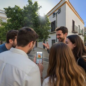 A group of young friends gathered around a smartphone playing an interactive city game in Jerez de la Frontera.