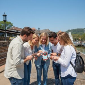 A group of five friends stands together looking at a smartphone while playing a city game in Kandy.