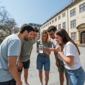 A group of five friends look at a smartphone together, playing a city game in front of Luxembourg's National Museum.