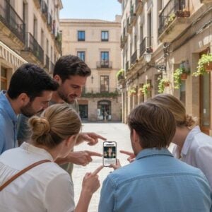 A group of five friends stand together on a city street in Manchester, looking at a game on a smartphone.