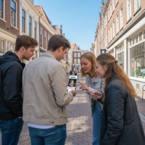 A group of four young friends stand together looking at a smartphone on a street in Mykonos.