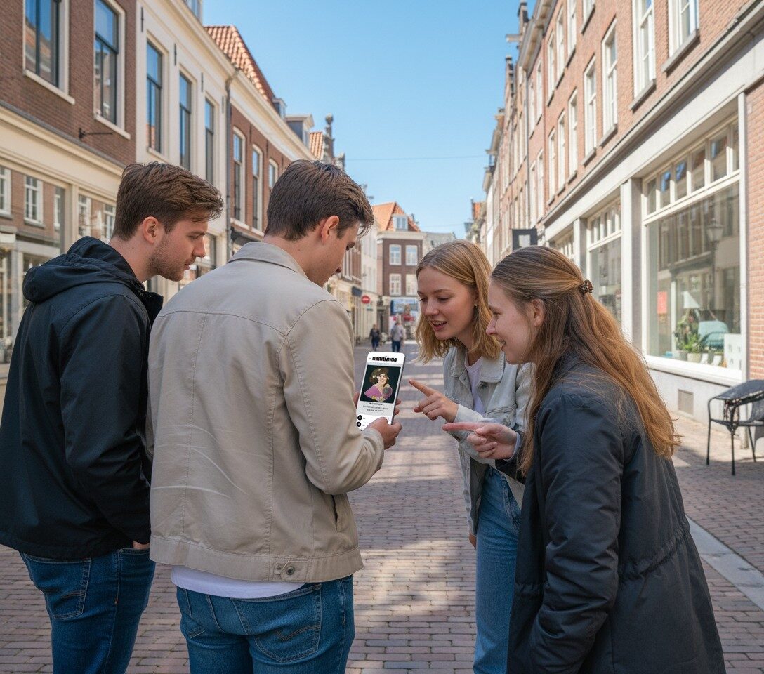 A group of four young friends stand together looking at a smartphone on a street in Mykonos.