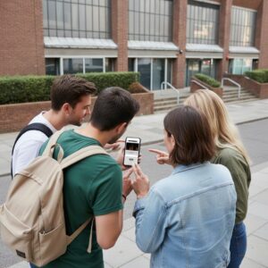 A group of four young friends stand together looking at a smartphone in Newcastle upon Tyne.