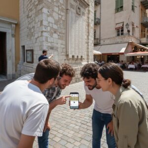 A group of friends smile while looking at a smartphone in Place Rossetti in Nice, France.