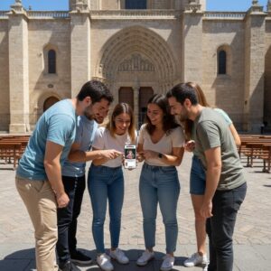 Five young friends happily gather around a smartphone in front of the Santiago Cathedral in Bilbao.