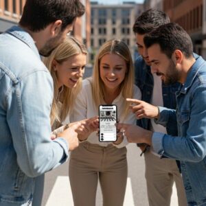 A group of young friends stand on a crosswalk in Munich, smiling and pointing at a smartphone.
