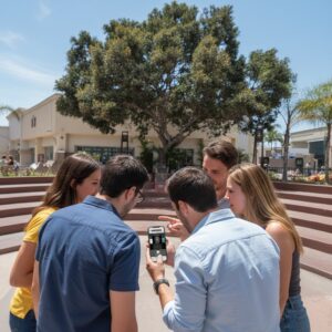 A group of five friends huddle together in a sunny plaza in Tijuana looking at a smartphone.