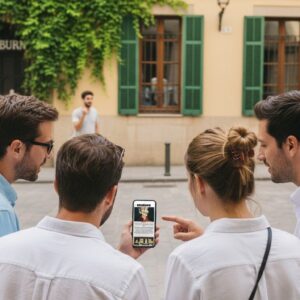 A group of four friends huddle together looking at a smartphone while playing a city game in Toulon.
