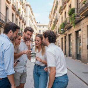 A group of five friends stands on a narrow city street in San José, looking together at a smartphone.