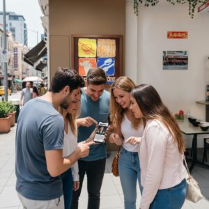 A group of five friends stand together on a sidewalk in Singapore, looking at a smartphone.