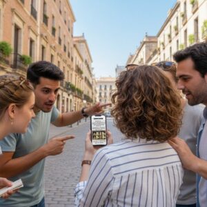 A group of friends look at a smartphone while playing a city game on a street in Verona.
