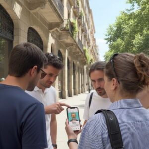A group of friends stand together on a sunny street in Monaco, looking at a game on a smartphone.