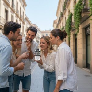 A group of five young friends gather around a smartphone on a city street in Liege.