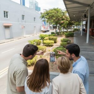 Four young adults stand on a city sidewalk in Singapore, pointing and looking at a smartphone.