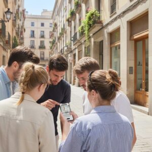 A group of five friends stands on a narrow historic street in Rome, looking together at a smartphone.
