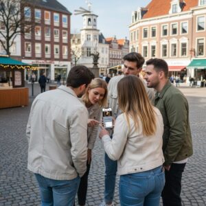 A group of five friends stand together in the historic Marktplatz of Osnabrück, looking at a smartphone.