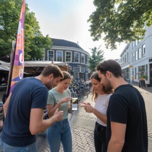 A group of four friends stand together on the Oude Markt in Enschede, looking at a smartphone.