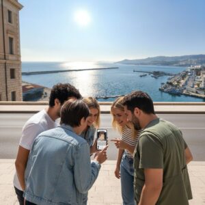 A group of five young friends smile while looking at a smartphone with the Lefkas harbor in the background.