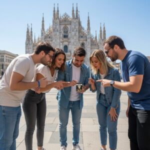 A group of five friends gathered in Piazza del Duomo in Milan, looking intently at a device.