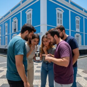 A group of friends solves a challenge on a smartphone in Ponta Delgada with the Palácio de Sant'ana behind them.