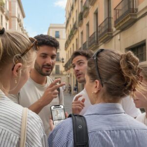 A group of young friends stand together on a historic street in Salamanca looking at a smartphone.