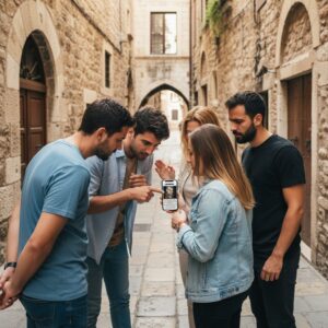 A group of five friends stand together in a narrow stone alley in Split, looking at a smartphone.