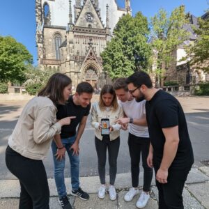 A group of five friends looks at a smartphone together in front of St. Thomas Church in Leipzig.