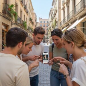 A group of five friends gathered on a narrow historic street in Turin, looking at a smartphone together.
